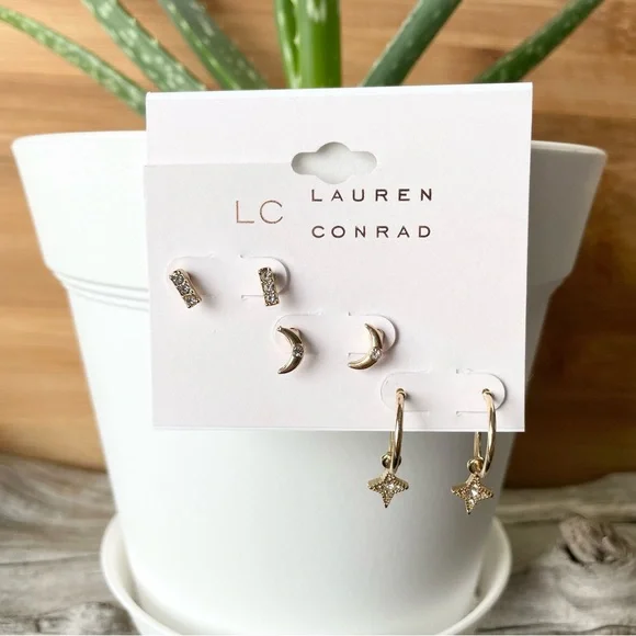 NWT LC LAUREN CONRAD Moon stud star hoop stud earrings, three pairs included - Picture 3 of 10